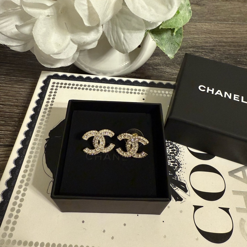 CHANEL Large Gold Crystal CC Stud Earrings